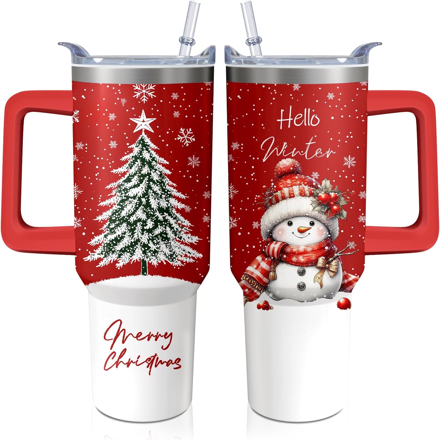 Christmas Tree Snowman 40 oz Insulated Tumbler with Handle and Straw