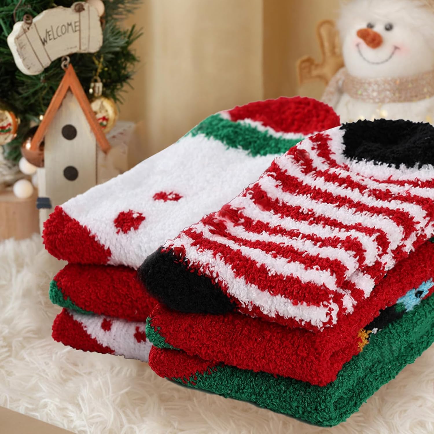 6 Pairs Soft Christmas Slipper Socks For Women