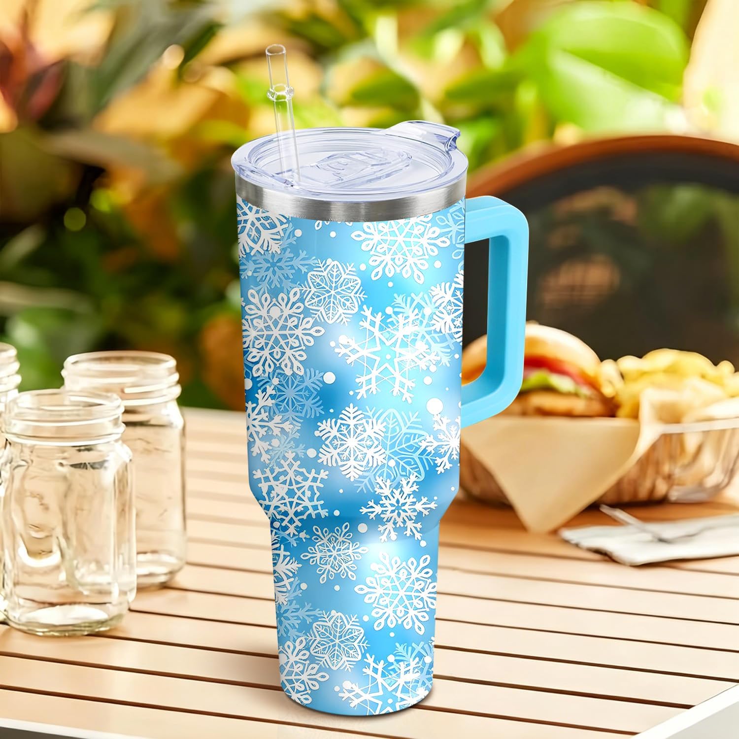 40 oz Christmas Snowflake Stainless Steel Insulated Tumbler with Handle and Straw