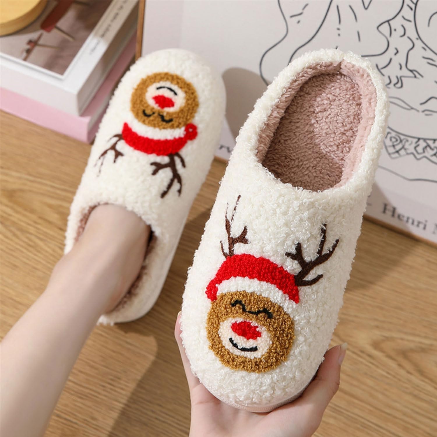 Christmas Fuzzy Warm Slip On House Slippers for Women and Men