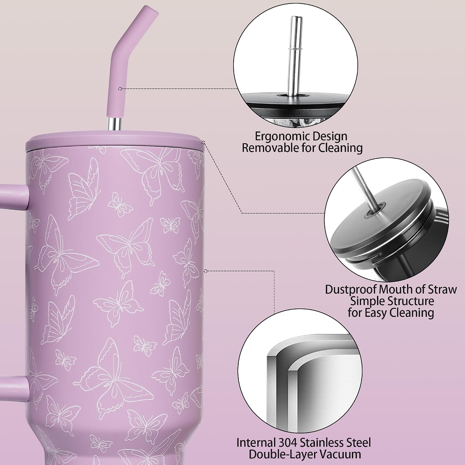 40 oz Butterfly Stainless Steel Vacuum Insulated Tumbler with Straw and Lid