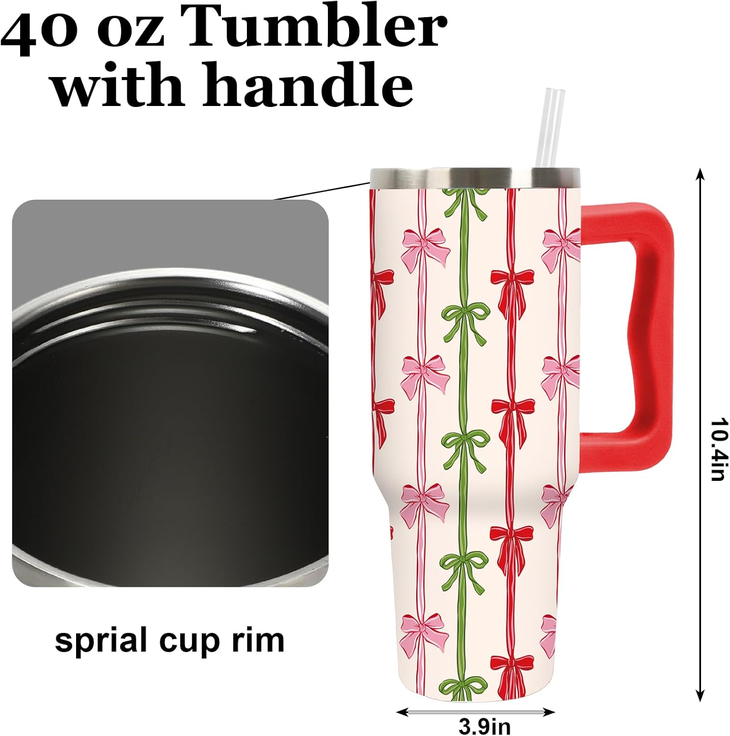 40 oz Christmas Bowknot Stainless Steel Tumbler with Handle Lid and Straw