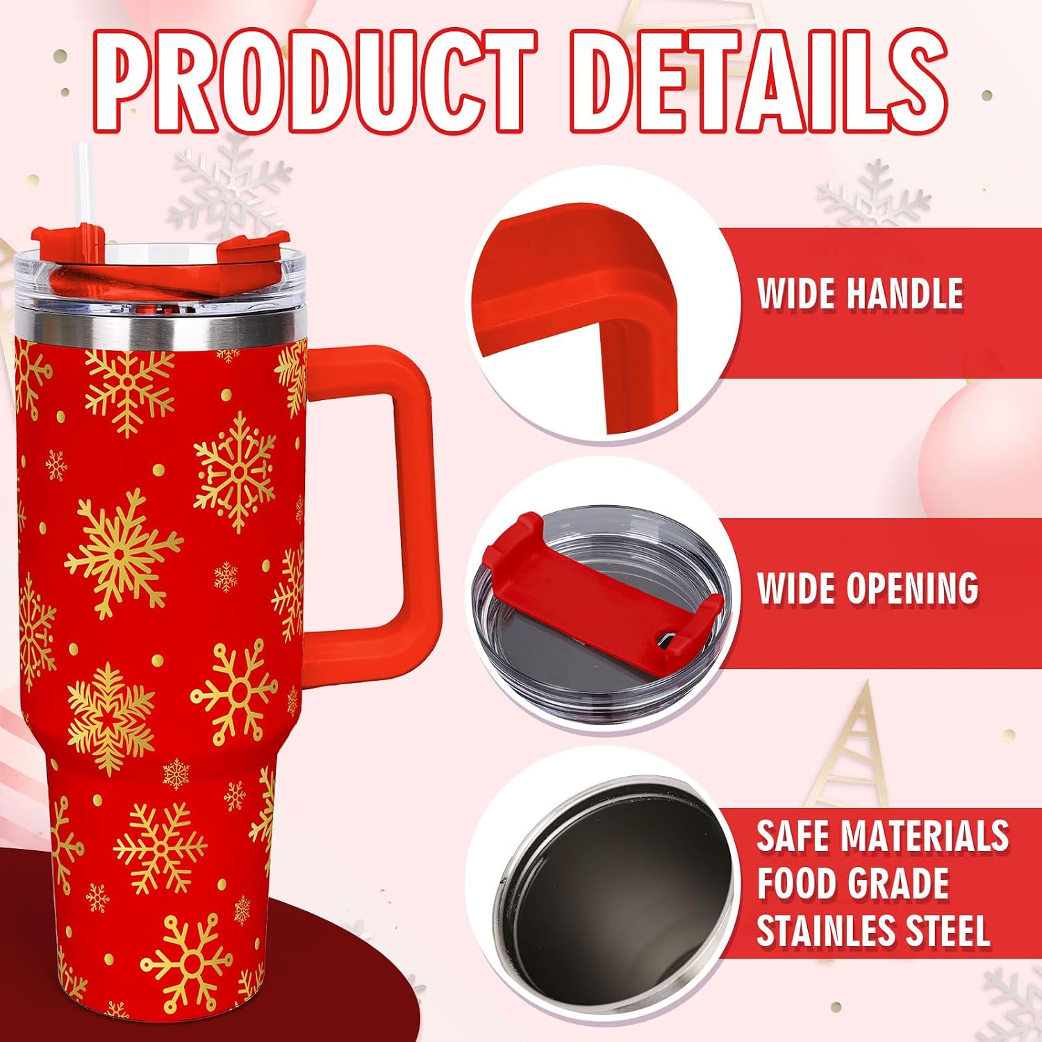 40 oz Christmas Snowflake Travel Tumbler with Handle Lid and Straw