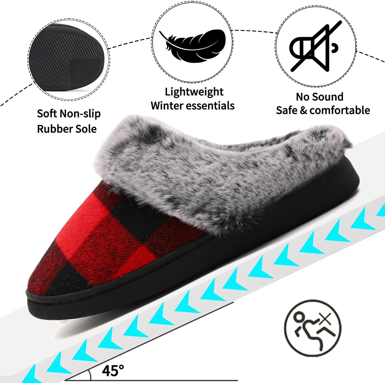Christmas Checkered Themed Non Slip Fuzzy Faux Fur Indoor Slippers For Men And Women