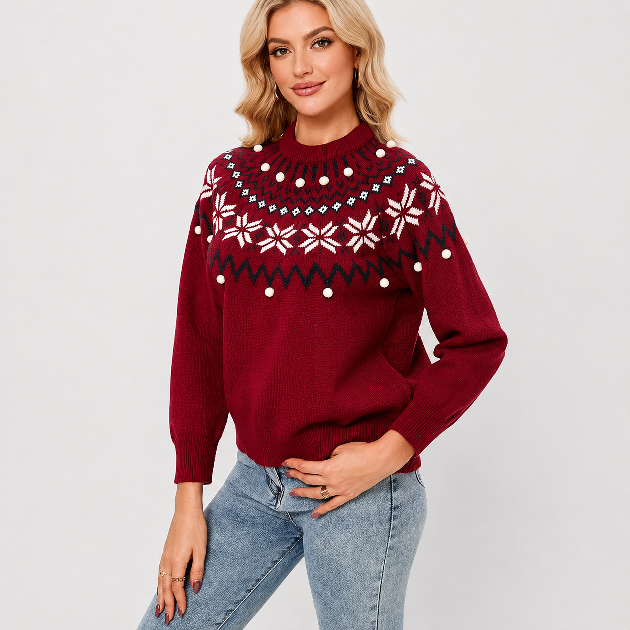Long Sleeve Pullover Reindeer Snowflake Print Christmas Sweater For Women