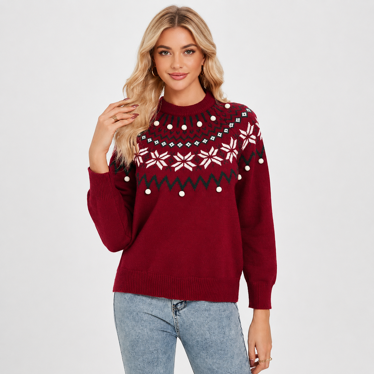 Long Sleeve Pullover Reindeer Snowflake Print Christmas Sweater For Women