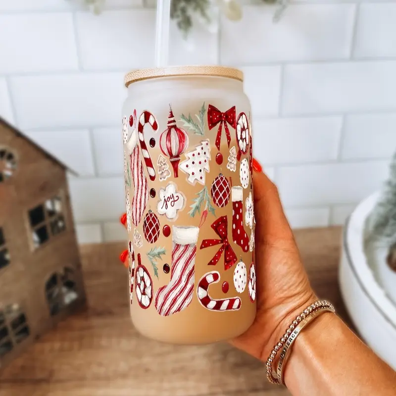 16oz Reusable Christmas Themed Tumbler With Bamboo Lid And Straw  
