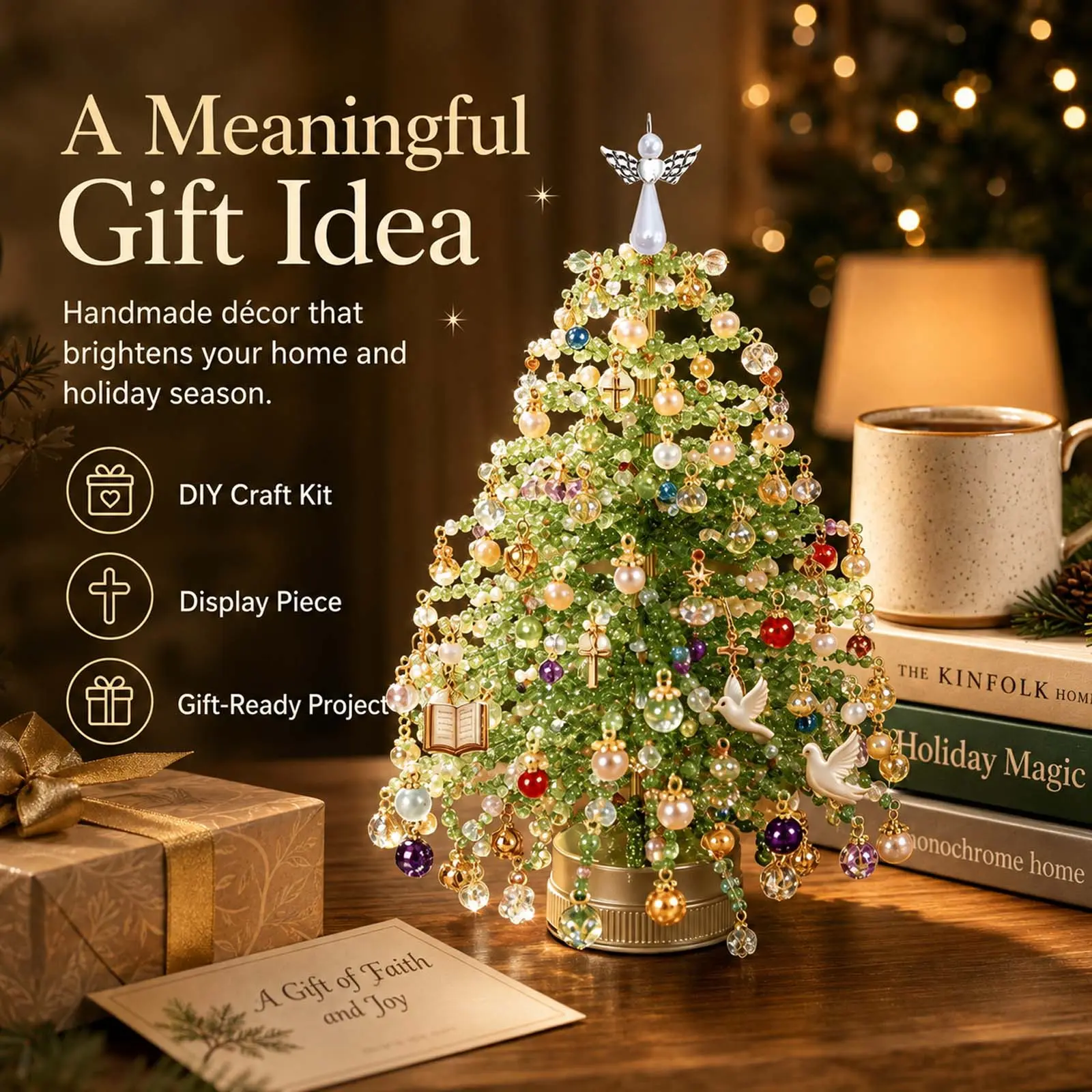 DIY Beaded Christmas Tree Kit, Handmade Sparkling Tabletop Xmas Decor with Angel Tree Topper, Complete Craft Supplies Set, Holiday DIY Gift for Adults Family Home Decoration, 5 Styles Available