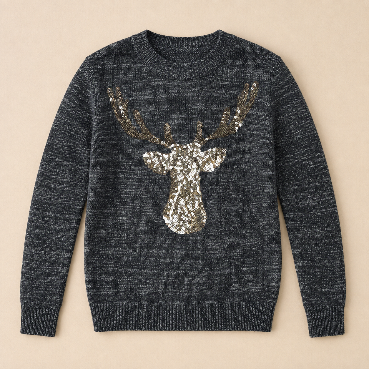 Christmas Deer Pattern Glitter Sequin Long Sleeve Pullover Sweater For Women