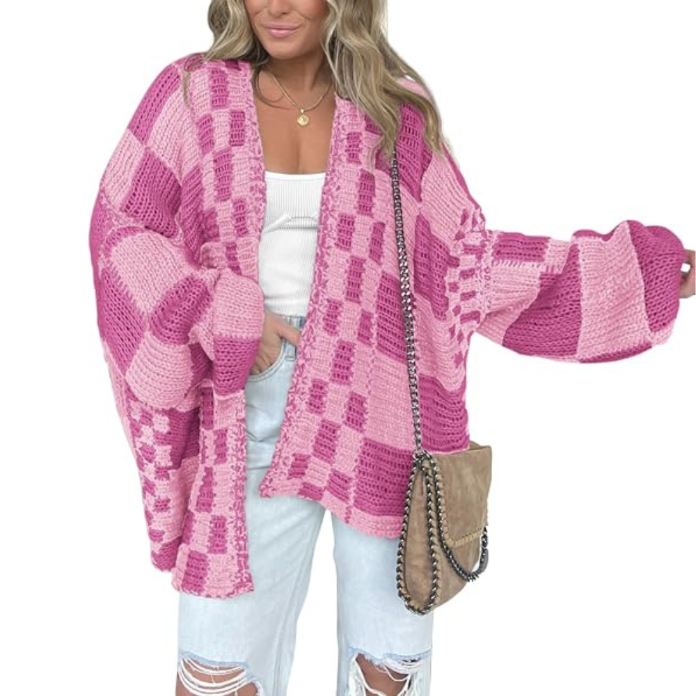 Casual Long Sleeve Checkered Chunky Cardigan For Women