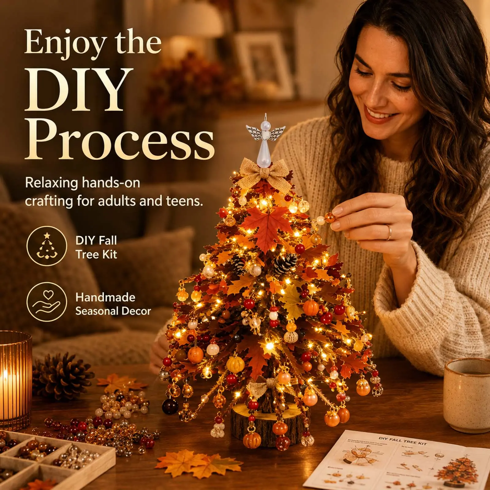 DIY Beaded Christmas Tree Kit, Handmade Sparkling Tabletop Xmas Decor with Angel Tree Topper, Complete Craft Supplies Set, Holiday DIY Gift for Adults Family Home Decoration, 5 Styles Available