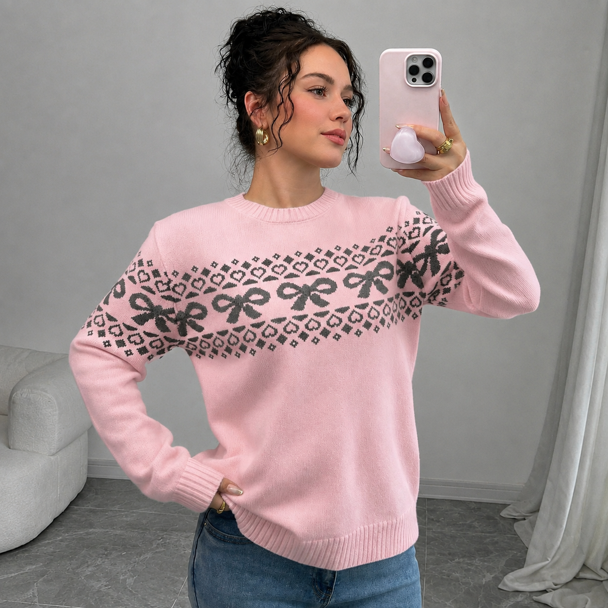 Casual Minimalist Everyday Bow Decor Christmas Sweater For Women