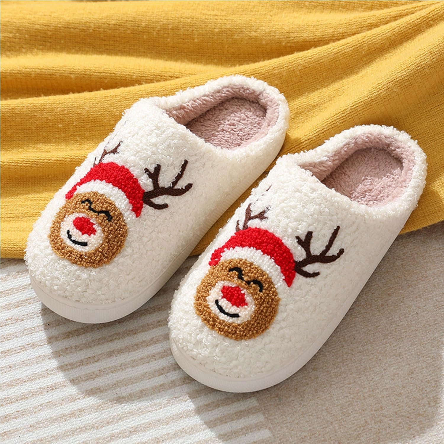 Christmas Fuzzy Warm Slip On House Slippers for Women and Men