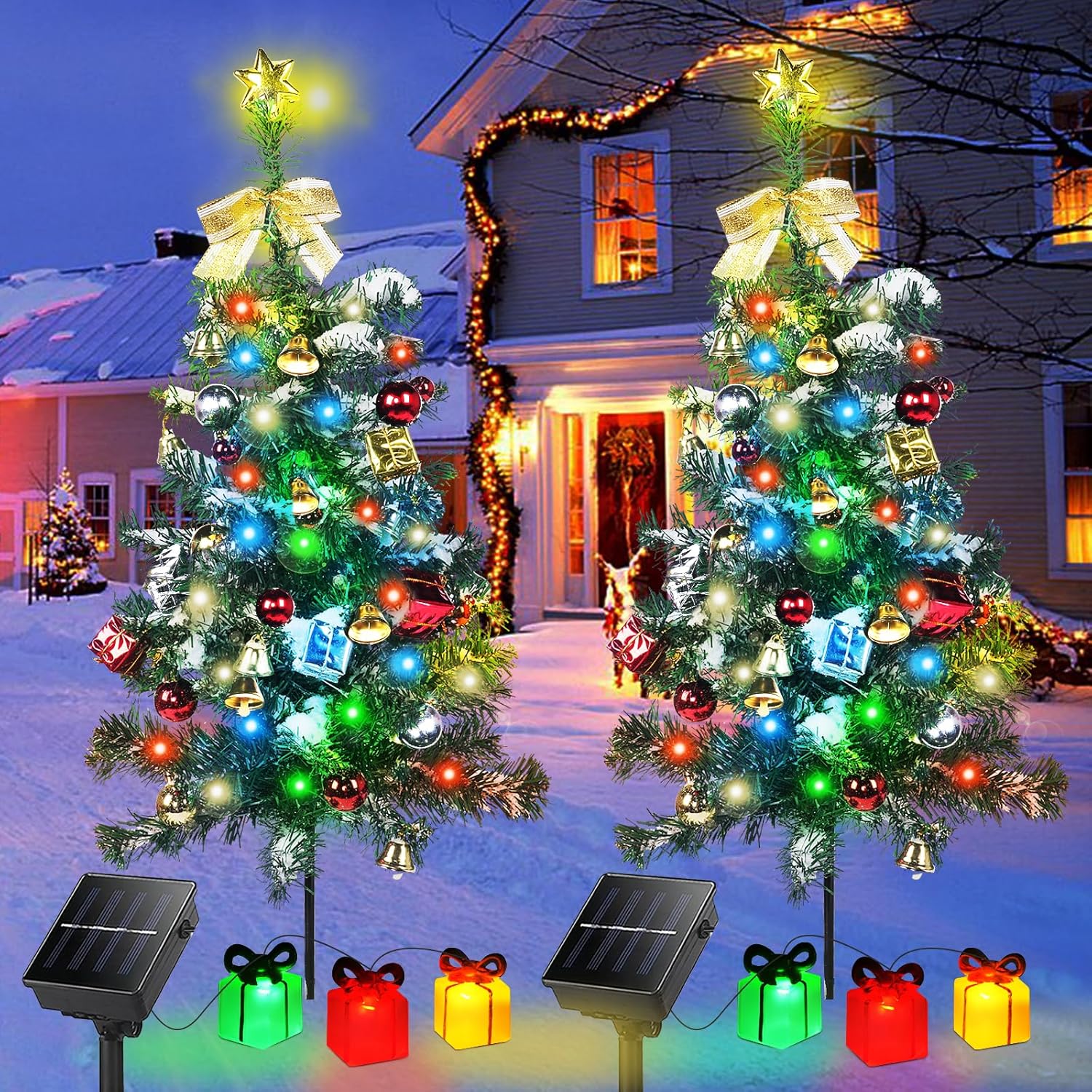 Pack of 2 Solar Christmas Tree Pathway Lights with 8 Lighting Modes and Decorative Gift Boxes
