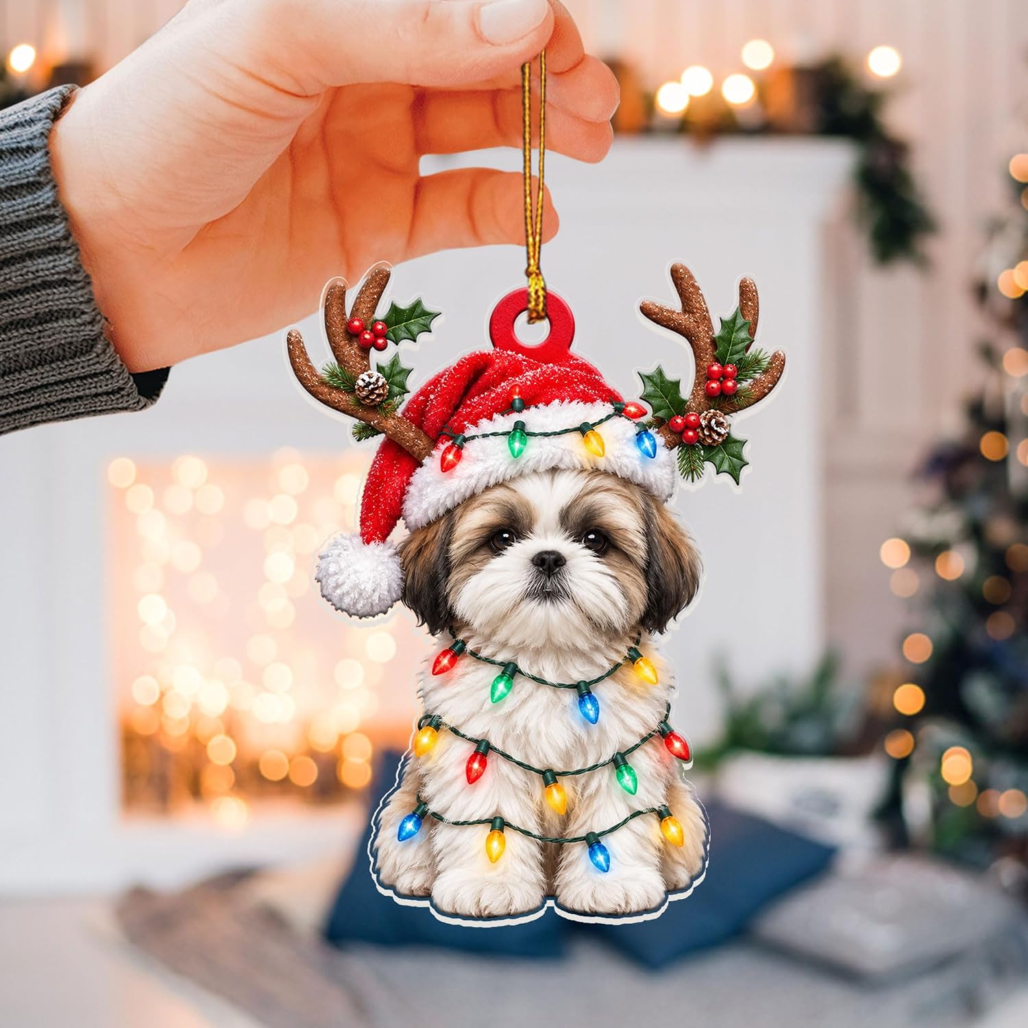 Christmas Hanging Ornament with String Lights for Car Mirror Decor