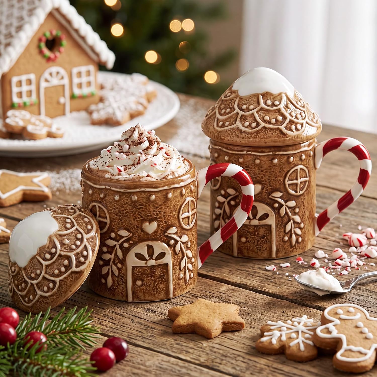 2 Pieces Christmas Gingerbread House Mugs With Lids