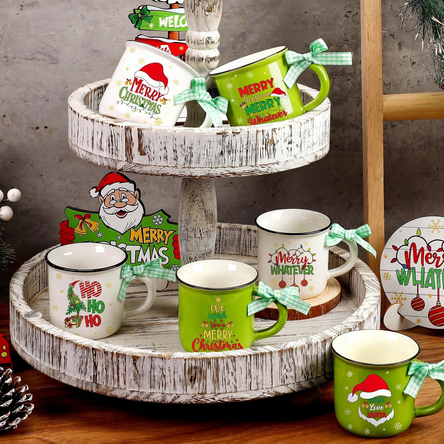 6 Pieces Mini Christmas Coffee Mugs With Ribbons For Men And Women