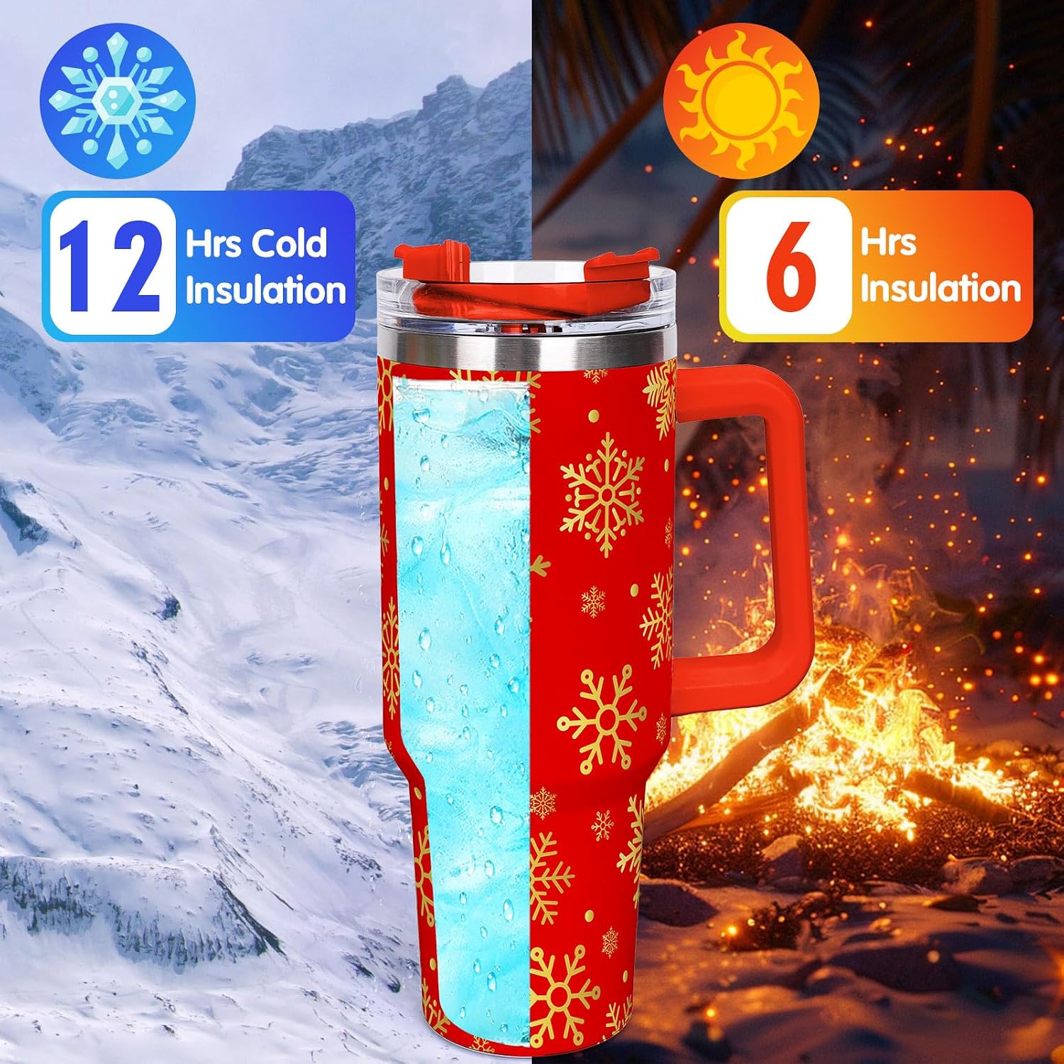 40 oz Christmas Snowflake Travel Tumbler with Handle Lid and Straw