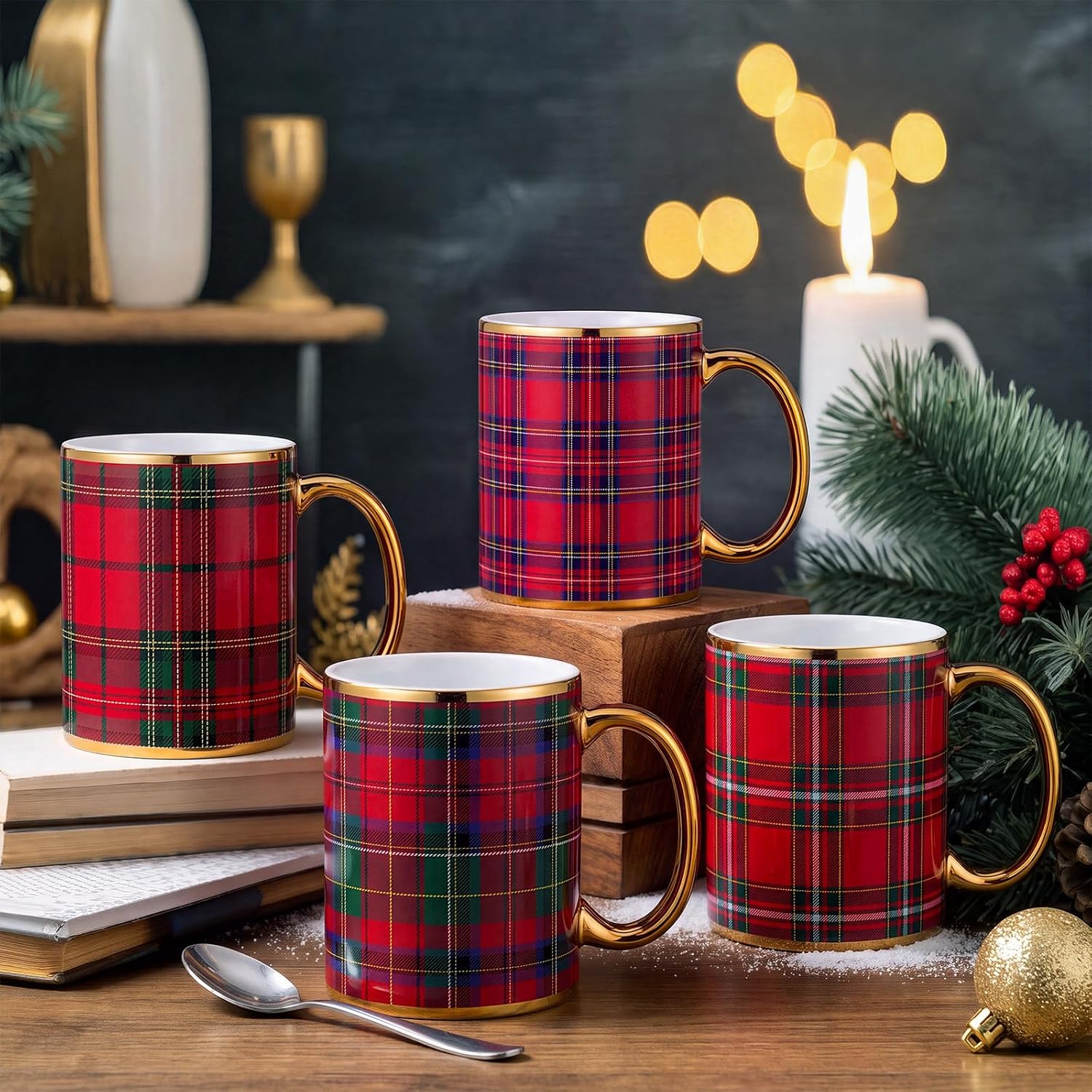 4 Pieces Christmas Plaid Coffee Mug Set For Men And Women