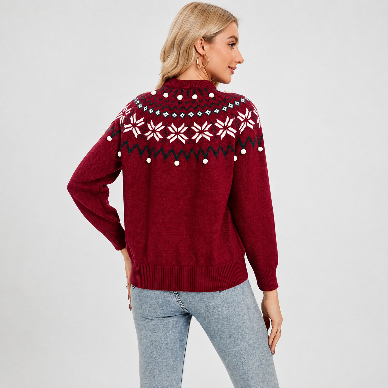 Long Sleeve Pullover Reindeer Snowflake Print Christmas Sweater For Women