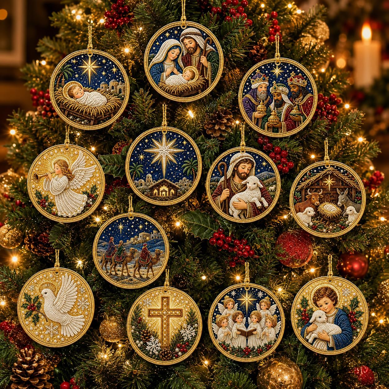 12 Piece Of Diamond Painting Christmas Ornaments DIY Craft Kit For Hanging Decor