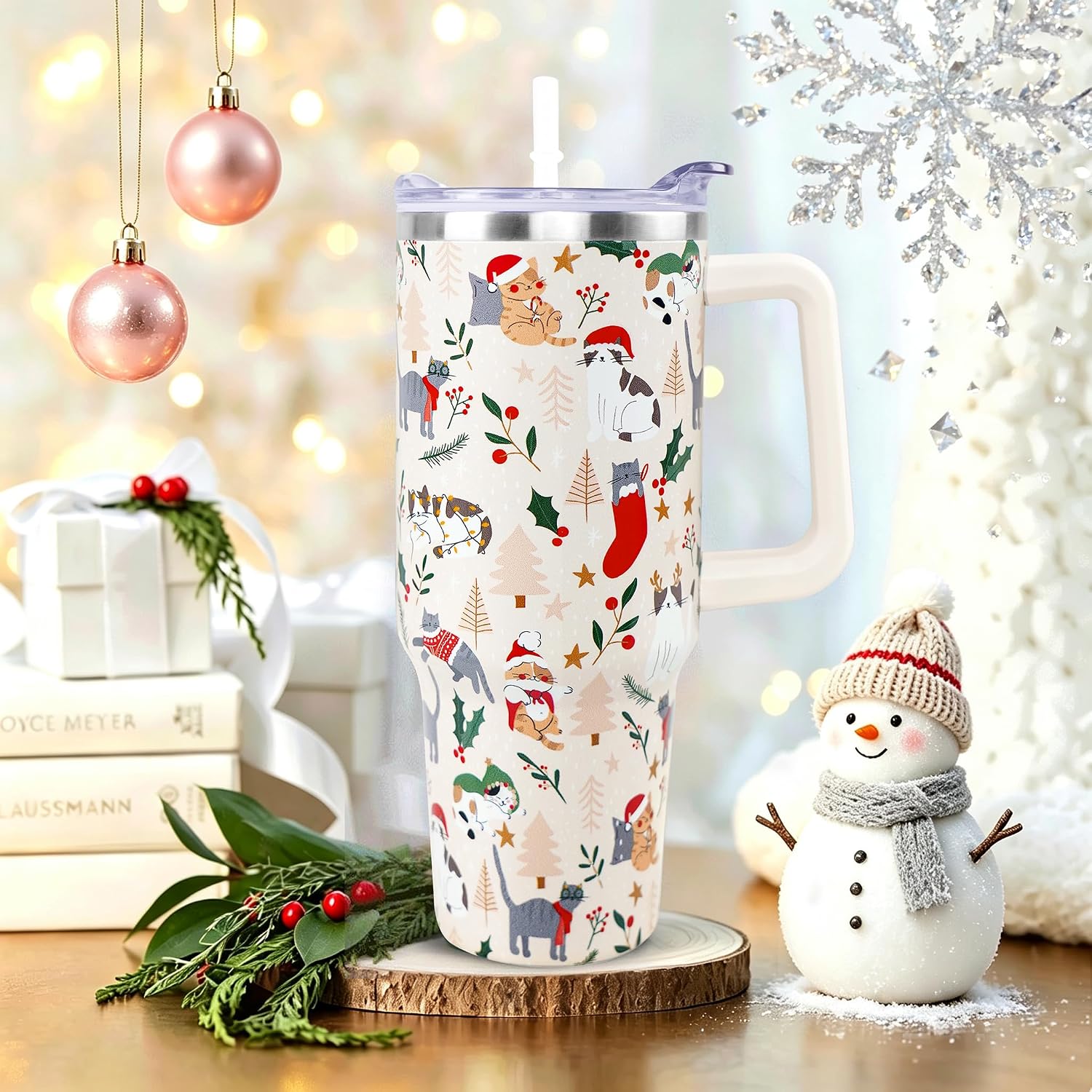 Christmas 40 oz Insulated Tumbler with Handle and Straw for Women