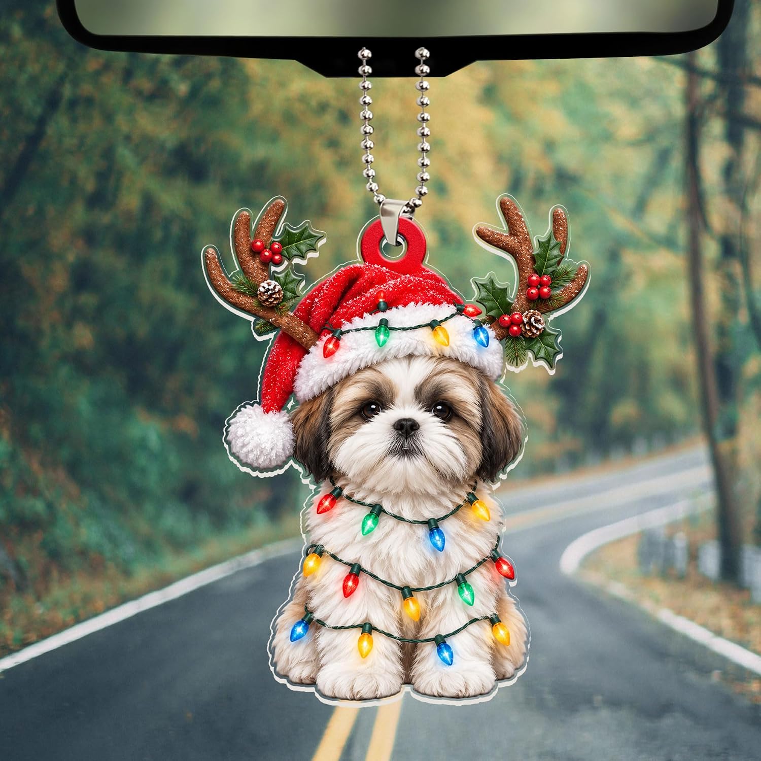 Christmas Hanging Ornament with String Lights for Car Mirror Decor