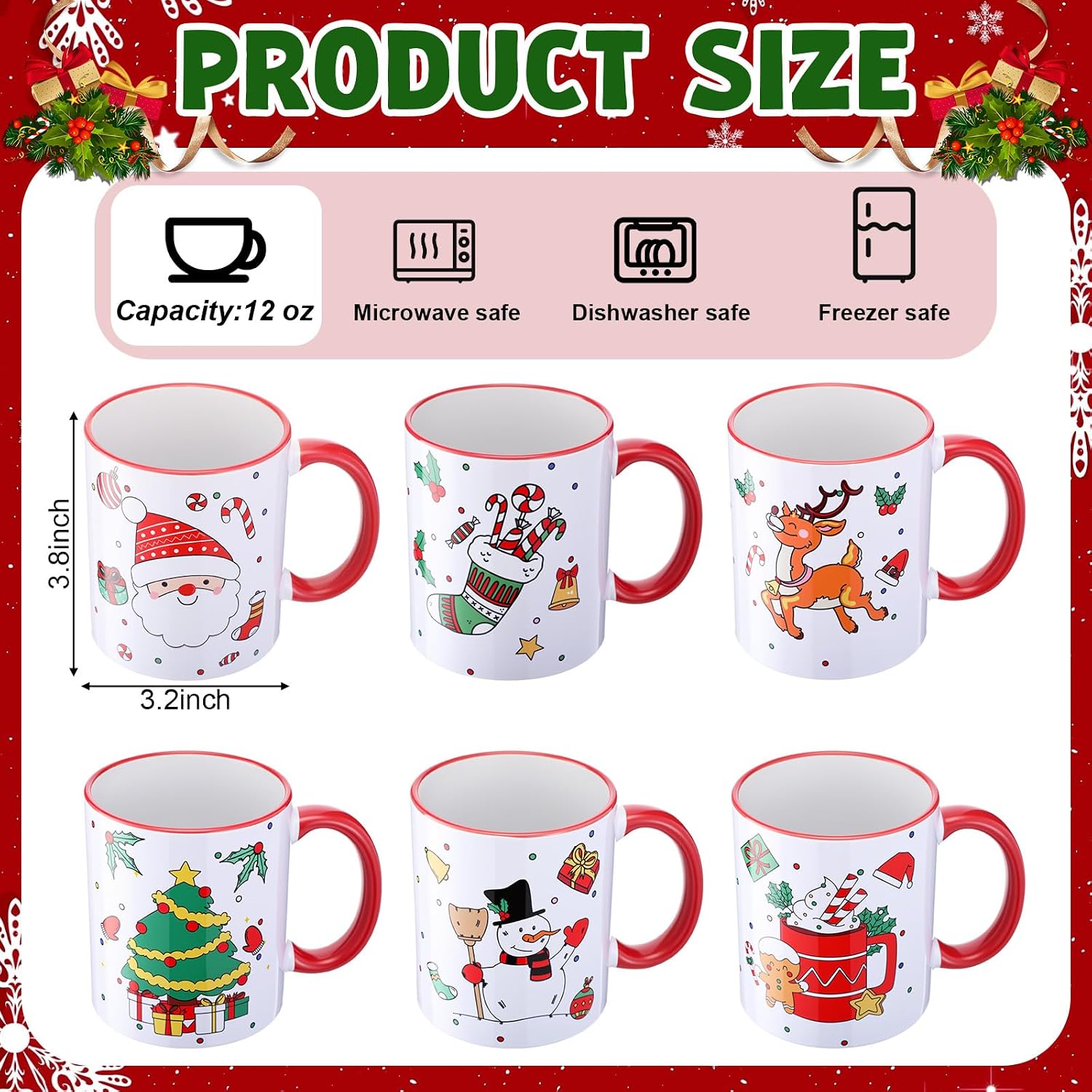6 Pieces Christmas Printed Coffee Mugs
