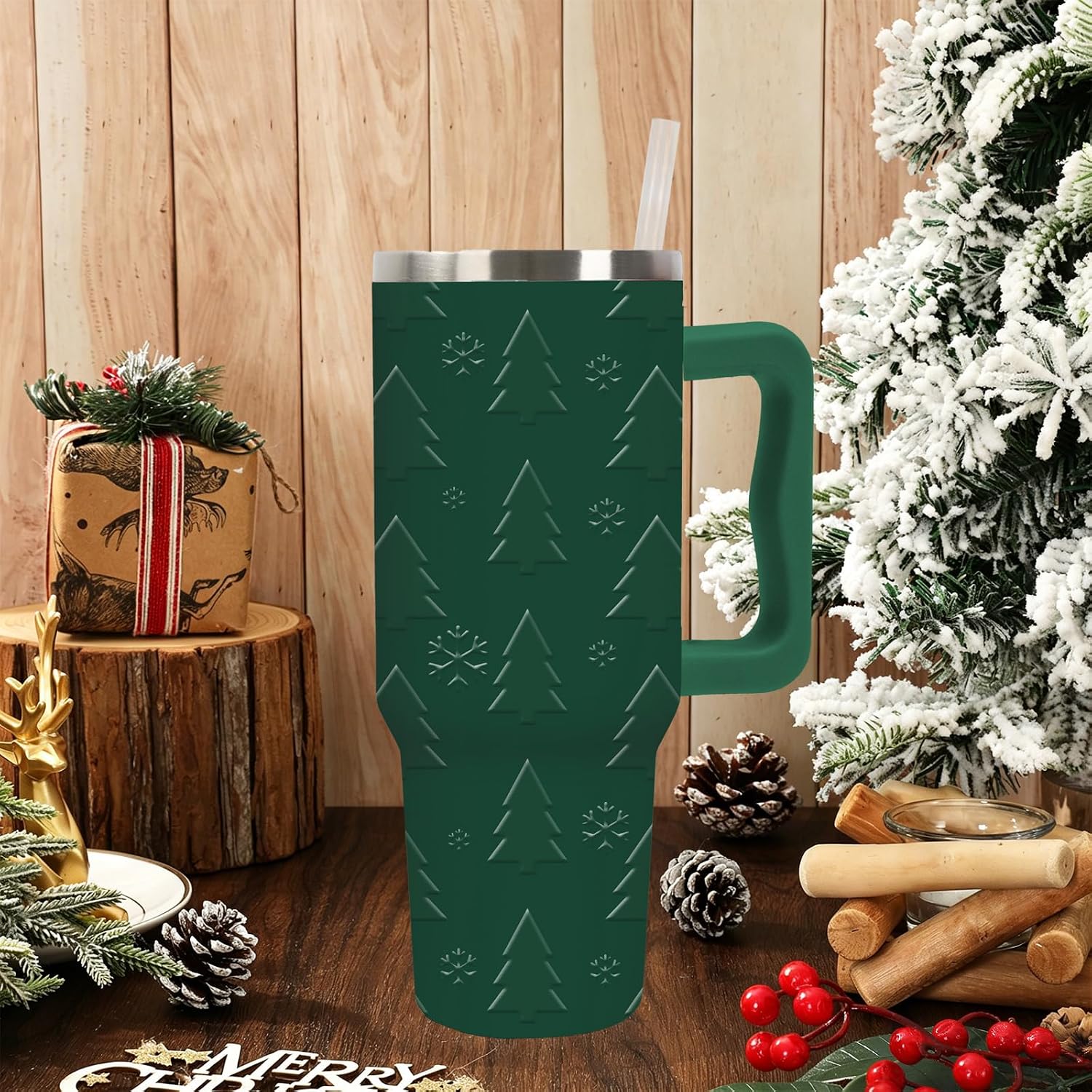 40 oz Christmas Tree Snowflake Stainless Steel Tumbler with Handle and Straw