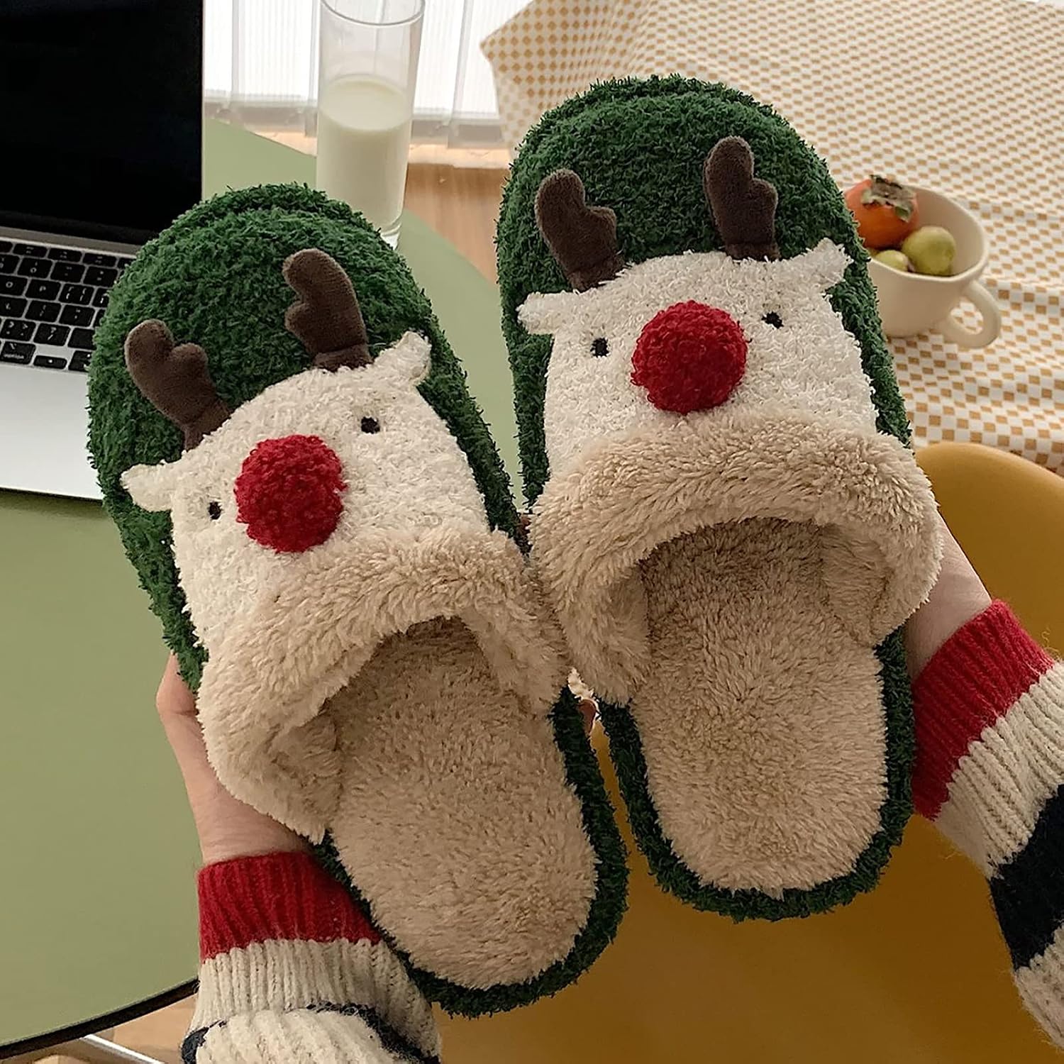 Christmas Reindeer Antler Themed Plush Fuzzy Warm Indoor Slippers For Women