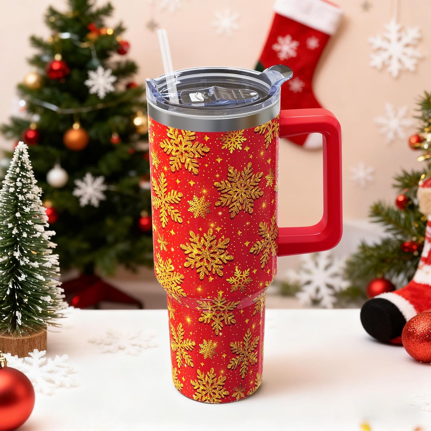 40 oz Christmas Insulated Tumbler with Handle Lid and Straw