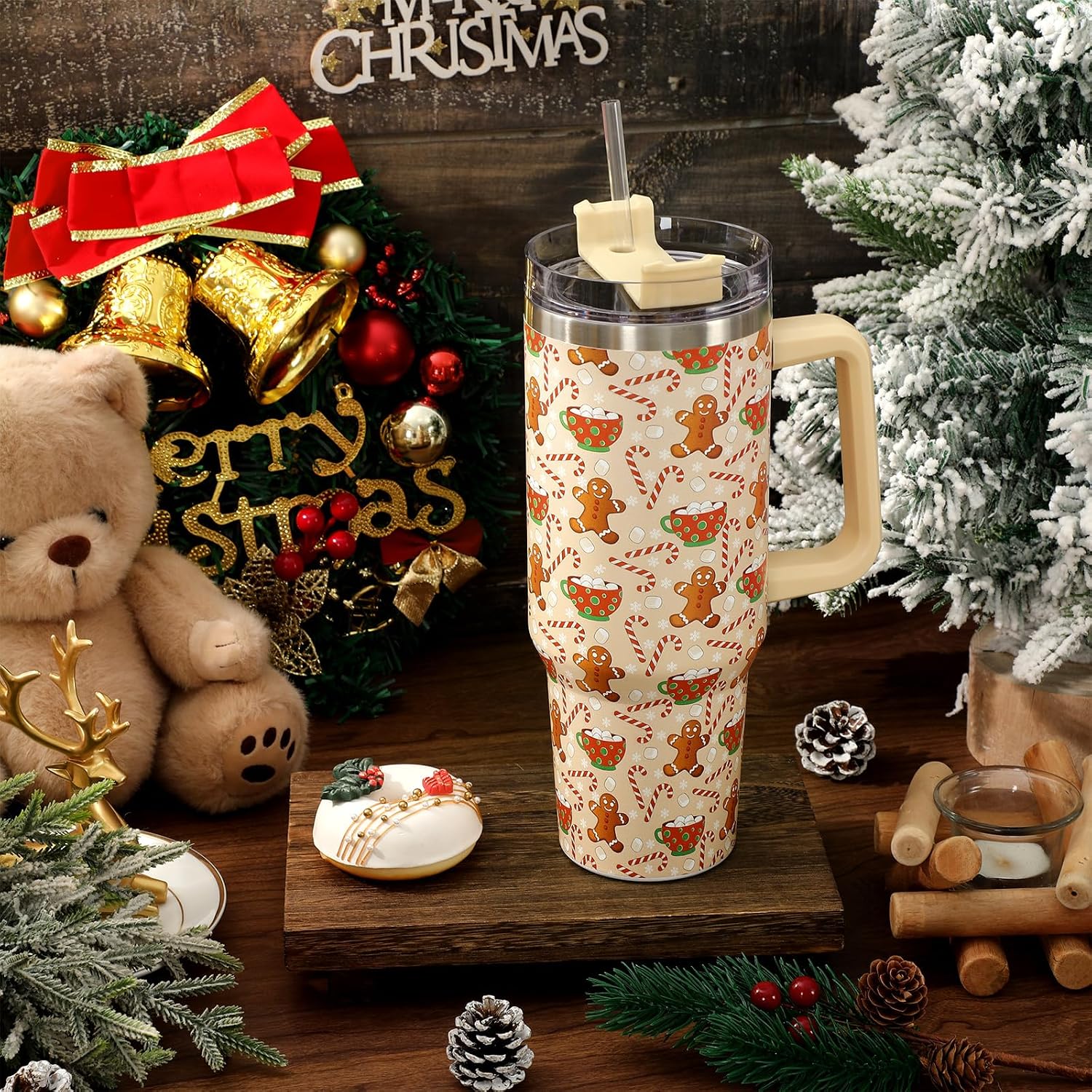 40 oz Christmas Gingerbread Candy Cane Stainless Steel Travel Tumbler