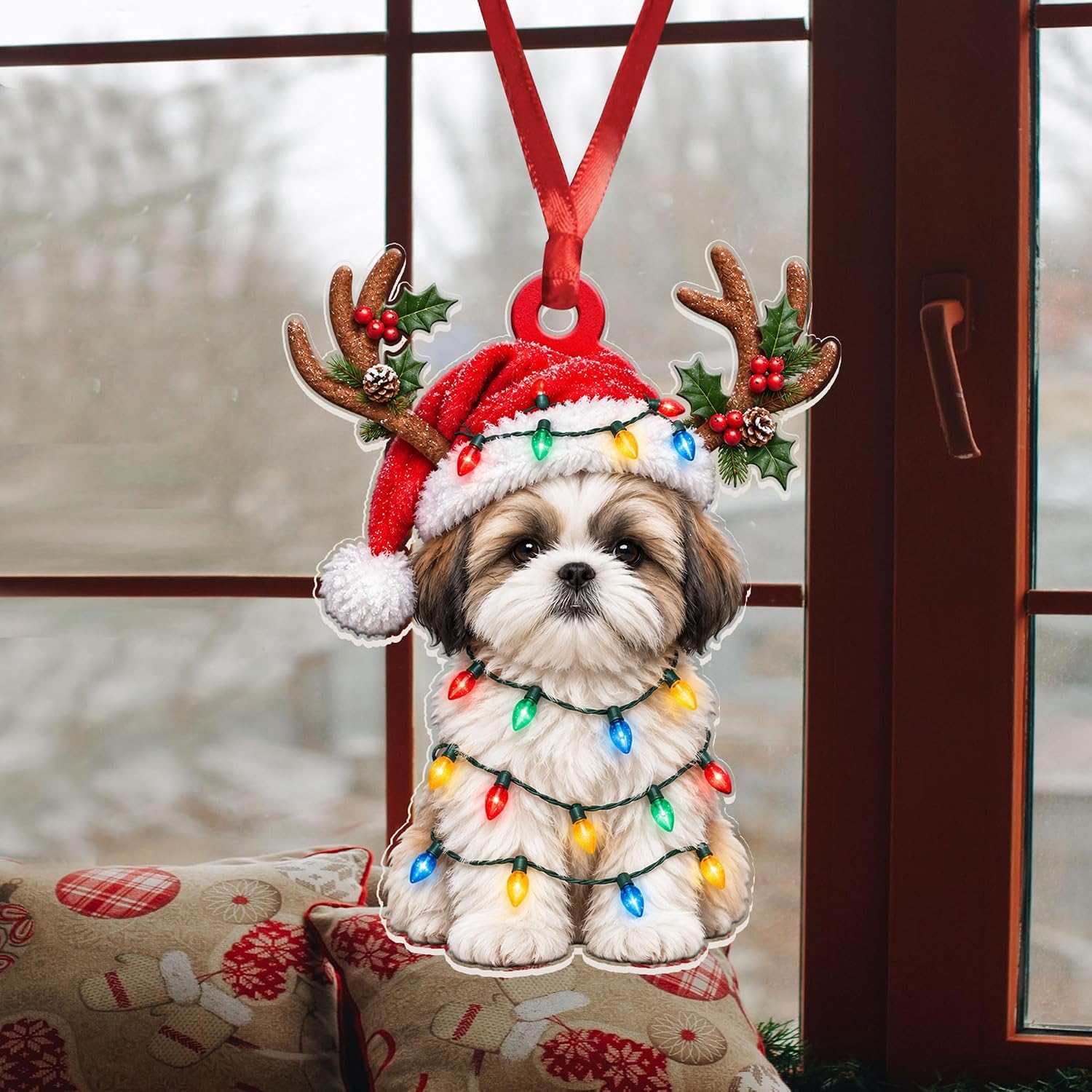 Christmas Hanging Ornament with String Lights for Car Mirror Decor