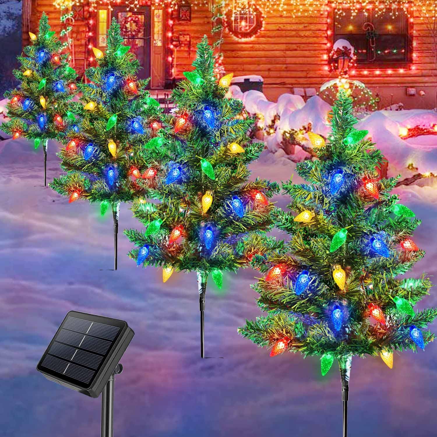 4 Set Solar Christmas Tree Lights for Outdoor Pathway and Garden Decor
