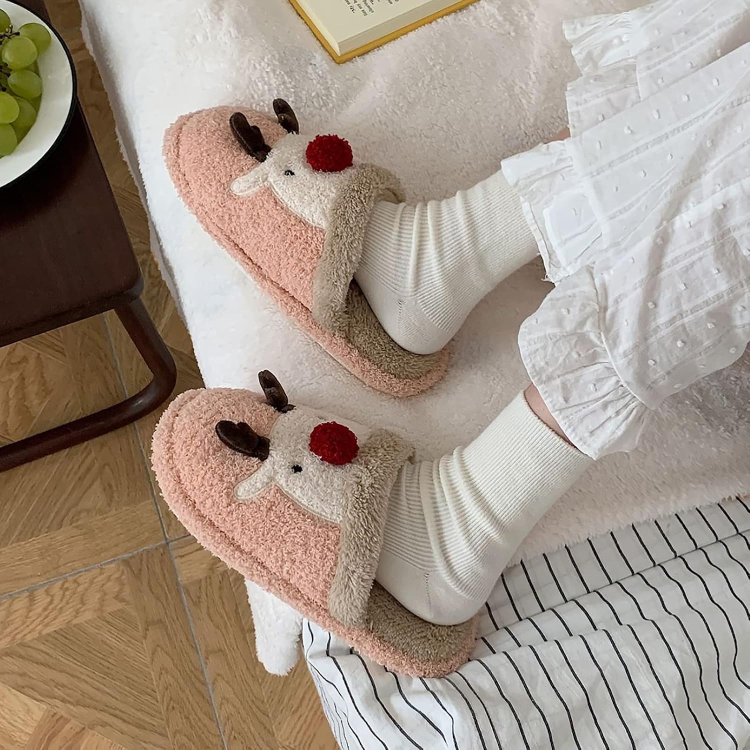 Christmas Reindeer Antler Themed Plush Fuzzy Warm Indoor Slippers For Women