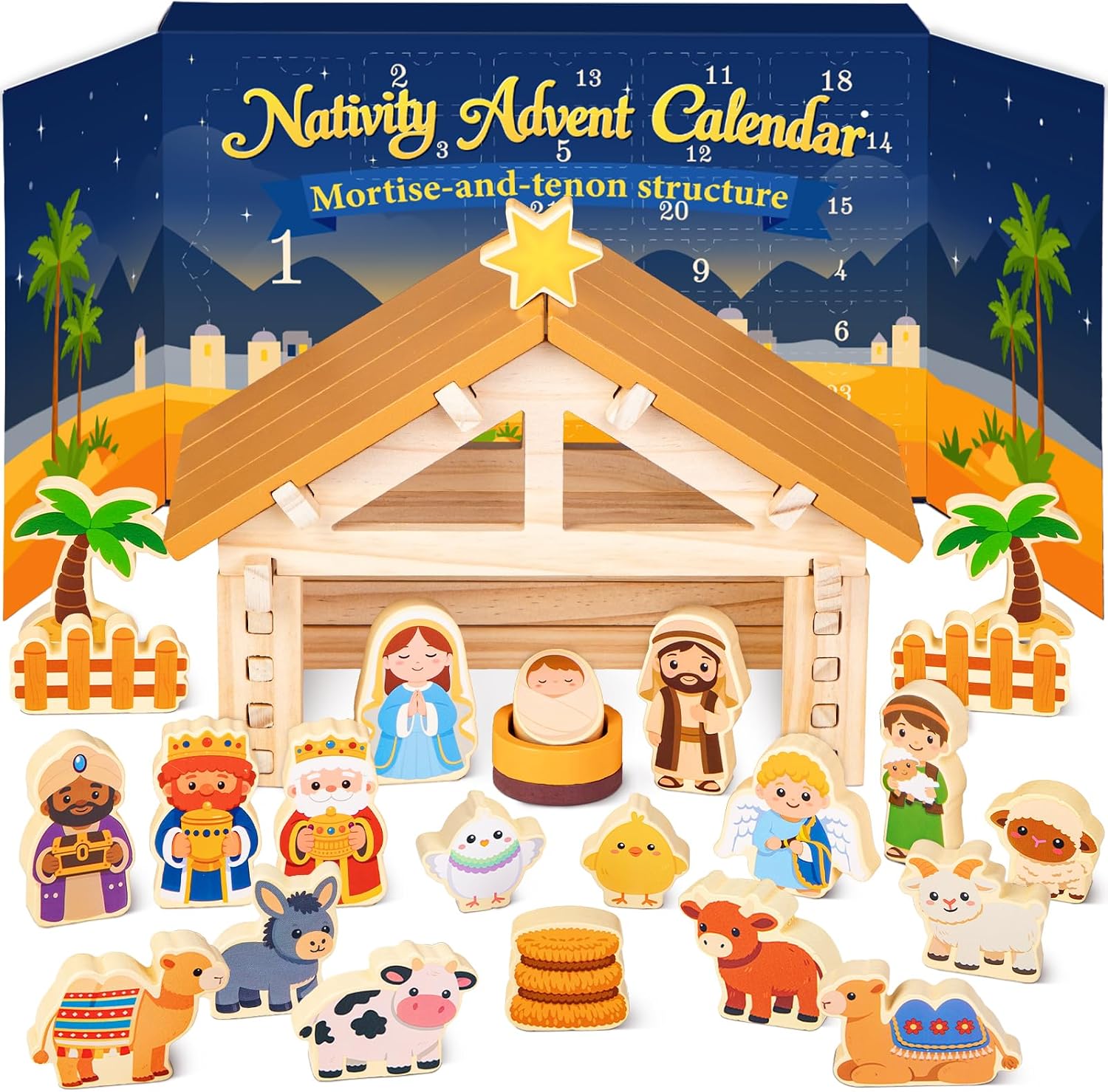 Wooden Nativity Advent Calendar with Nativity Scene Set for Kids