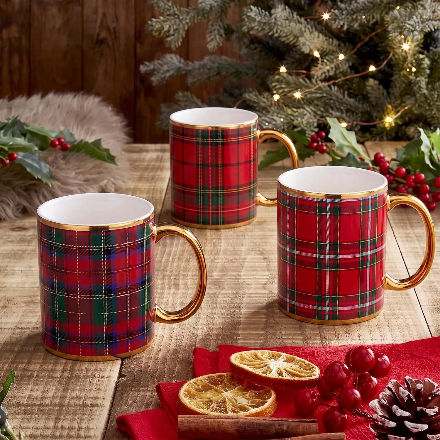 4 Pieces Christmas Plaid Coffee Mug Set For Men And Women