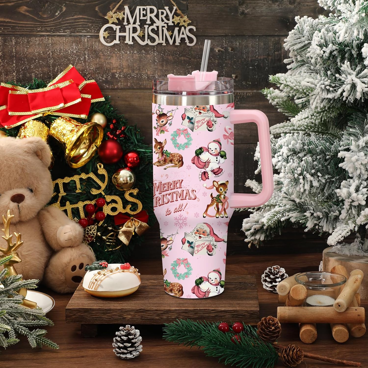 40 oz Christmas Santa Reindeer Stainless Steel Travel Tumbler with Straw