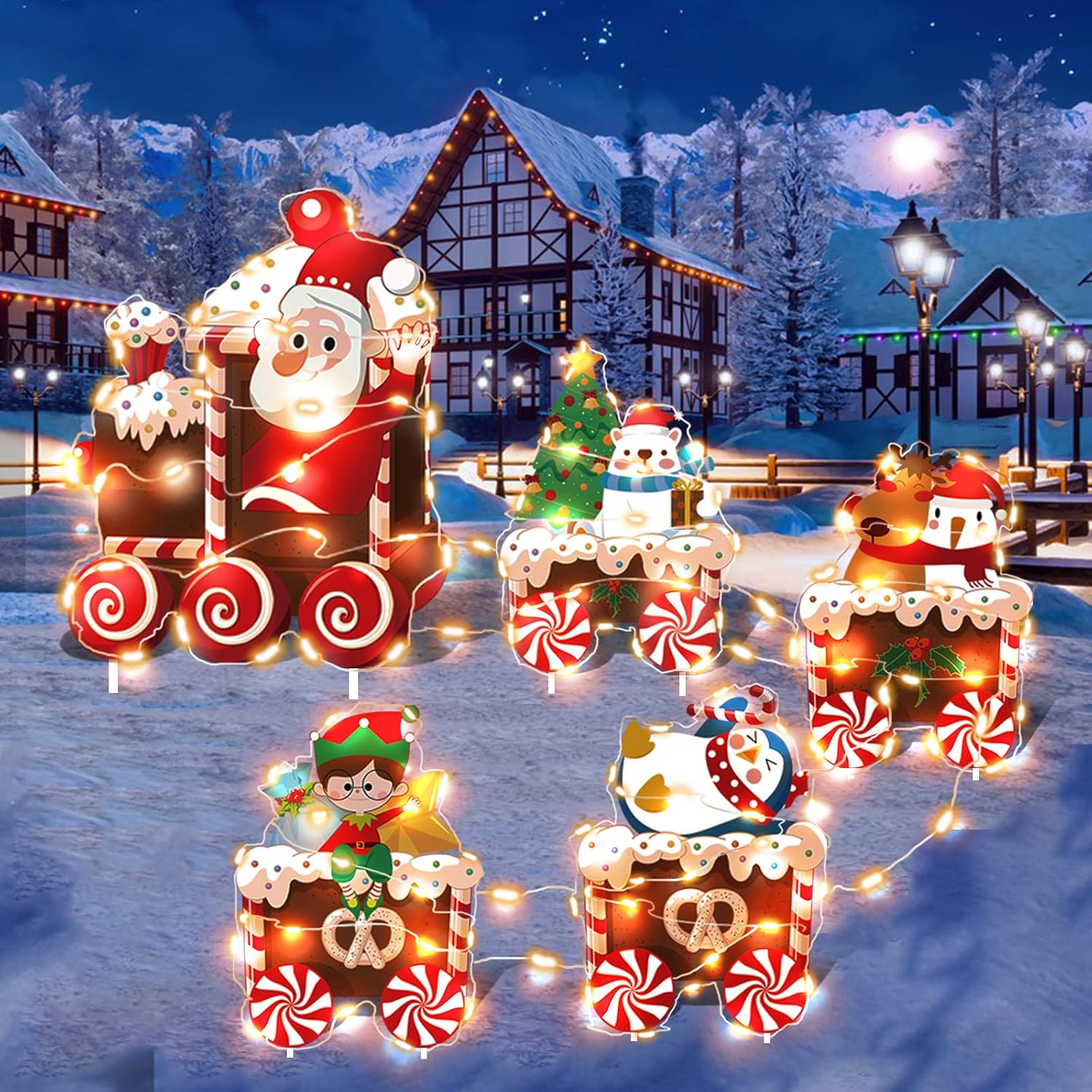 Christmas Train Yard Decorations with LED String Lights and Stakes