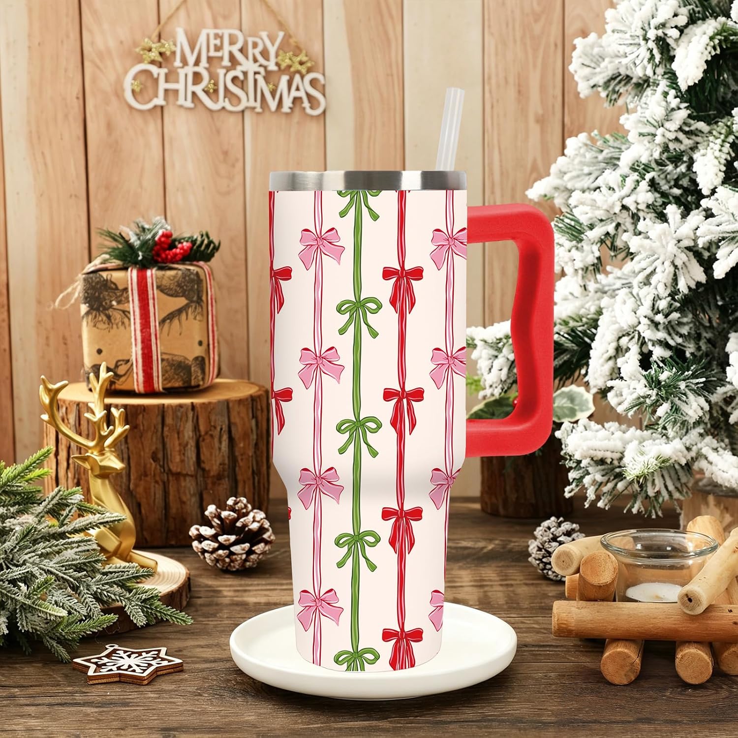 40 oz Christmas Bowknot Stainless Steel Tumbler with Handle Lid and Straw