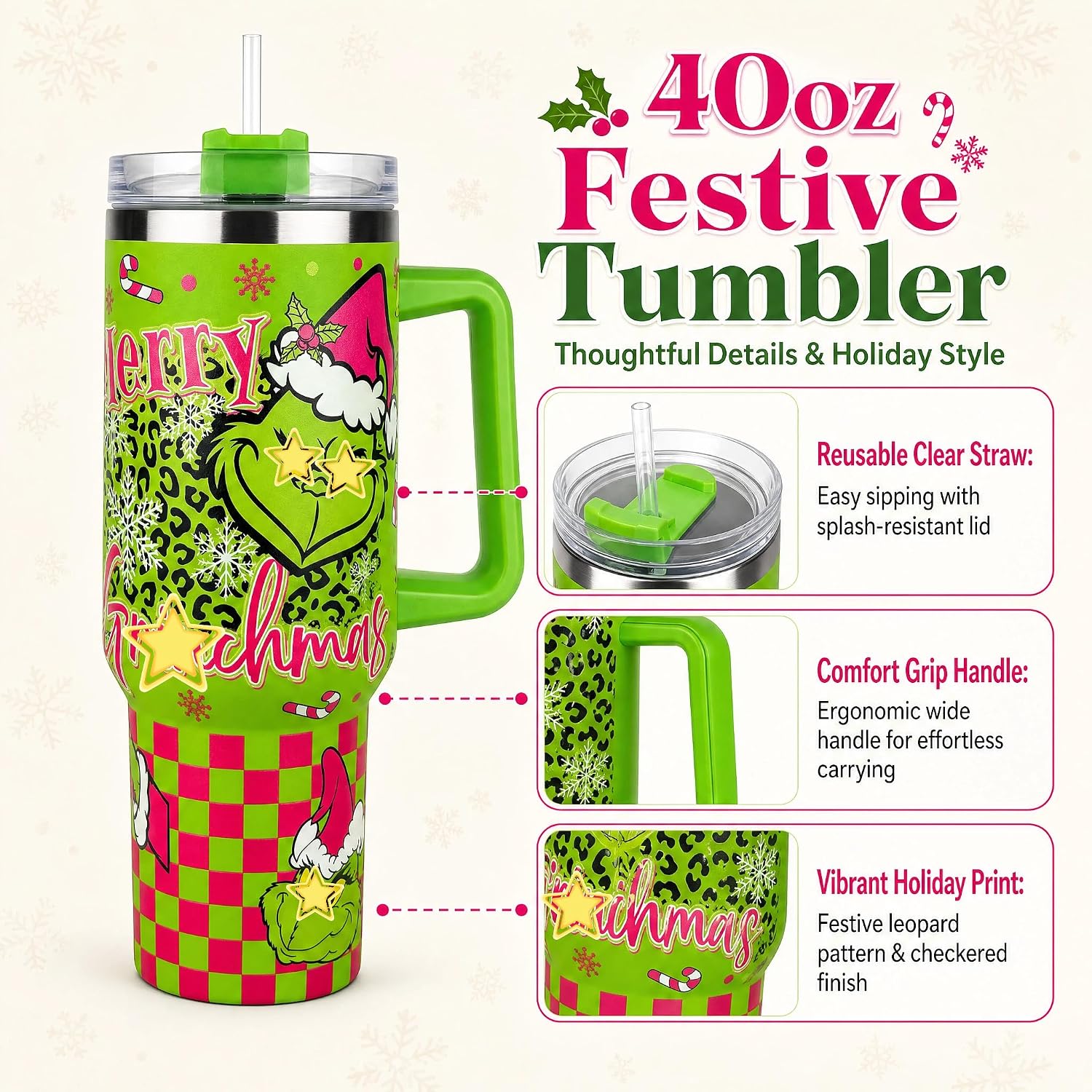 40 oz Christmas Character Stainless Steel Insulated Tumbler with Handle and Straw