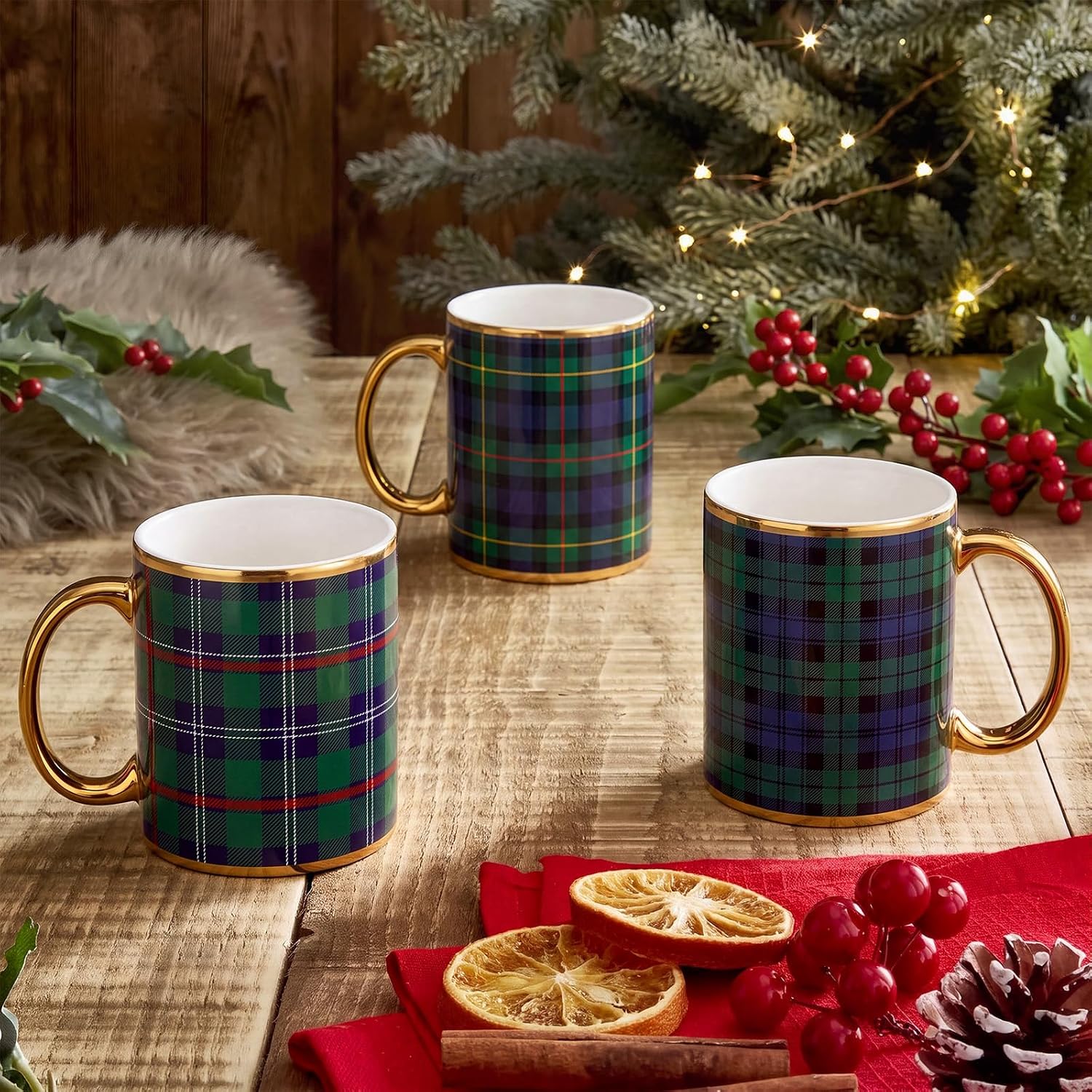 4 Pieces Christmas Plaid Coffee Mug Set For Men And Women