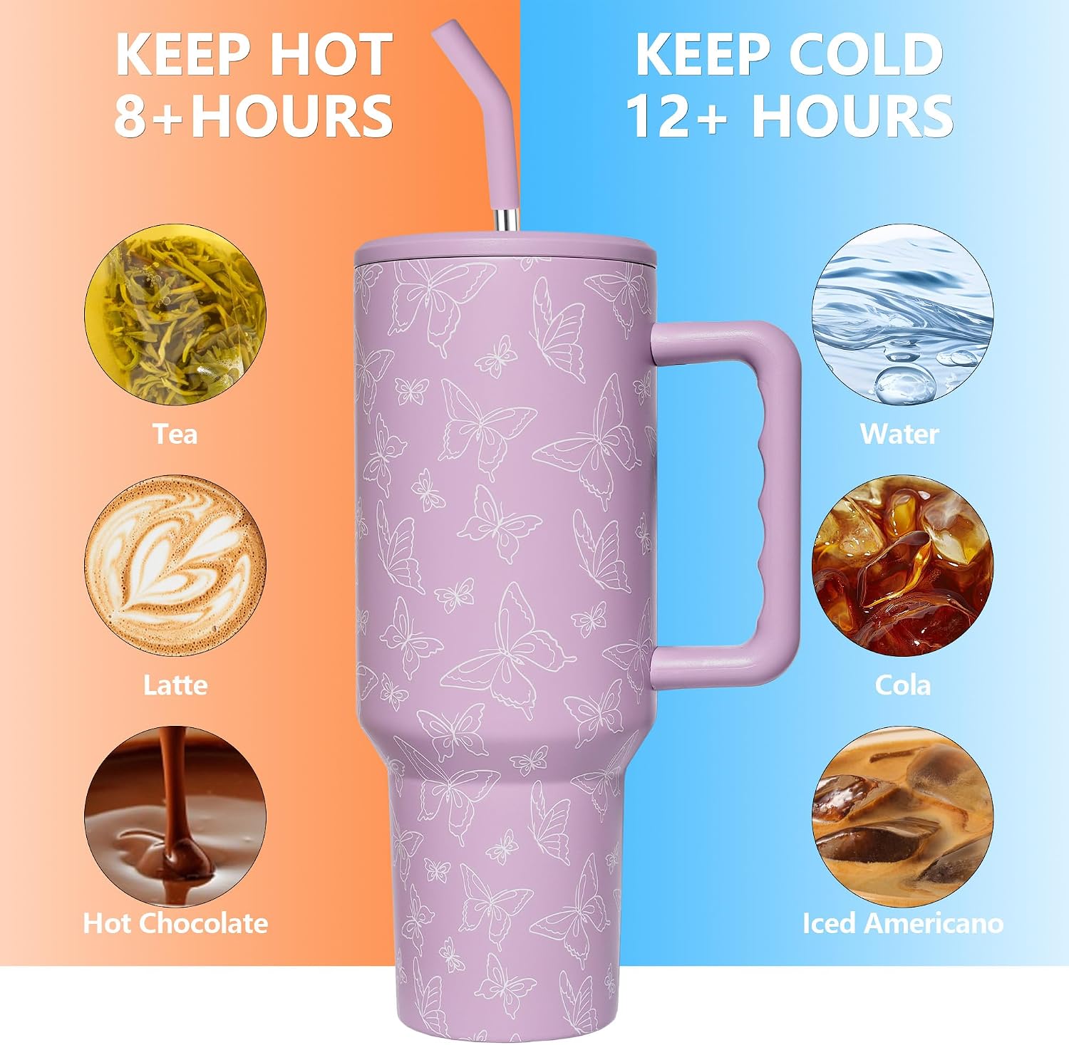 40 oz Butterfly Stainless Steel Vacuum Insulated Tumbler with Straw and Lid