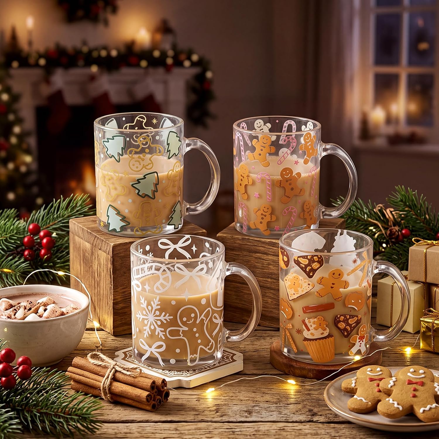 4 Pieces Christmas Glass Coffee Mugs
