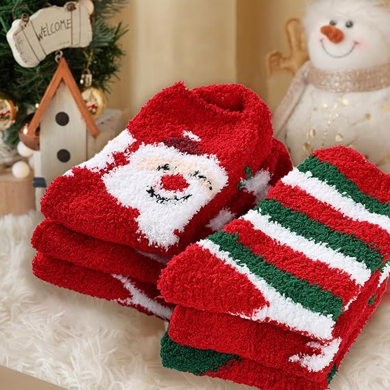 6 Pairs Christmas Fuzzy Socks for Women Warm Fluffy Slipper Socks