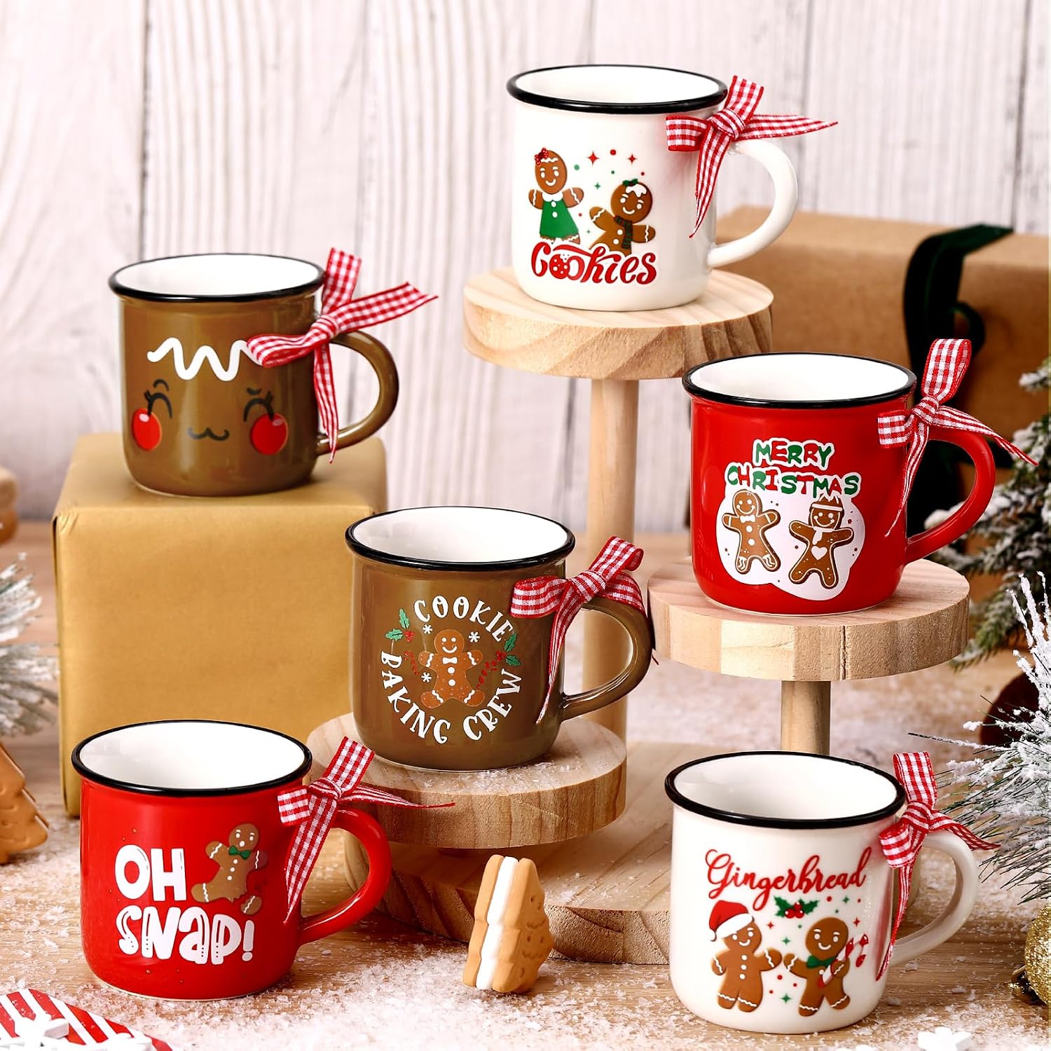 6 Pieces Mini Christmas Coffee Mugs With Ribbons For Men And Women