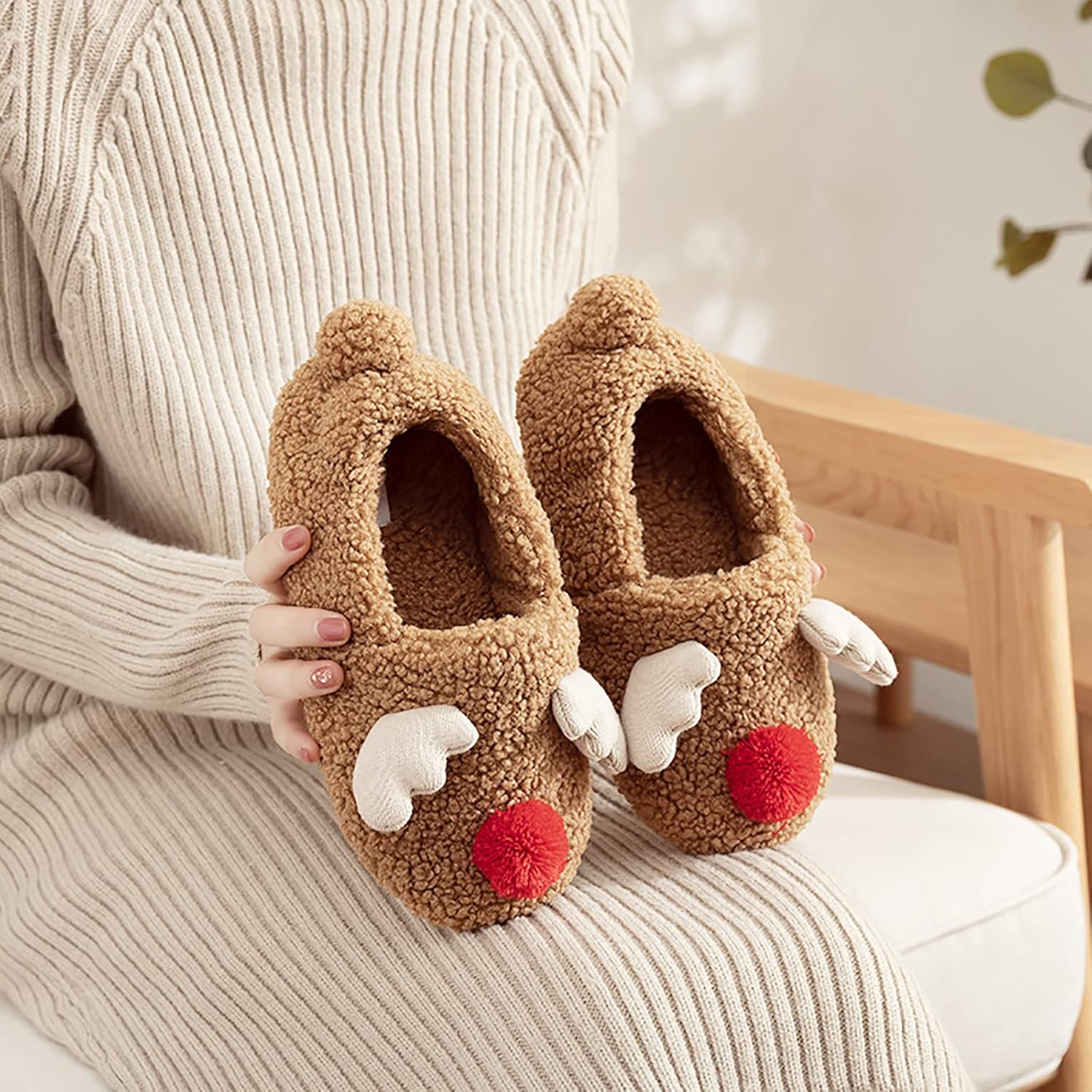 Christmas Reindeer Antler Themed Plush Fuzzy Warm Indoor Slippers For Women