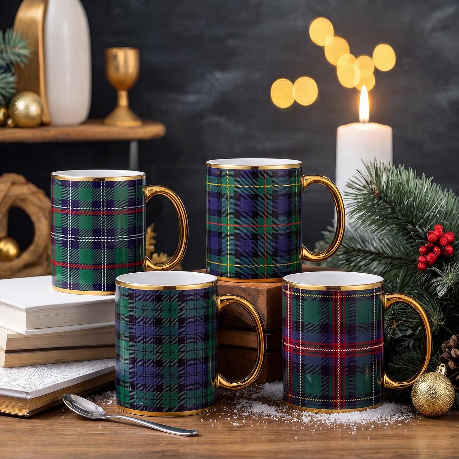 4 Pieces Christmas Plaid Coffee Mug Set For Men And Women