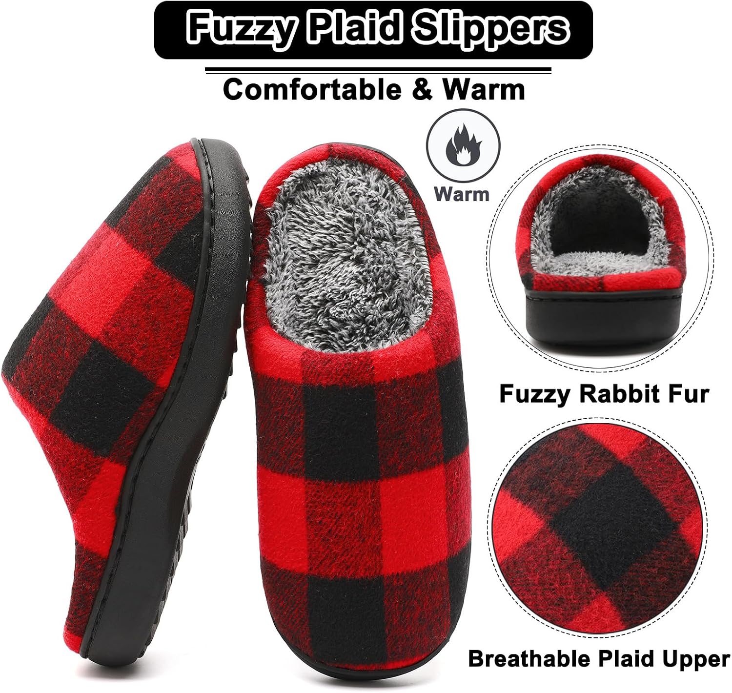 Christmas Checkered Themed Non Slip Fuzzy Faux Fur Indoor Slippers For Men And Women