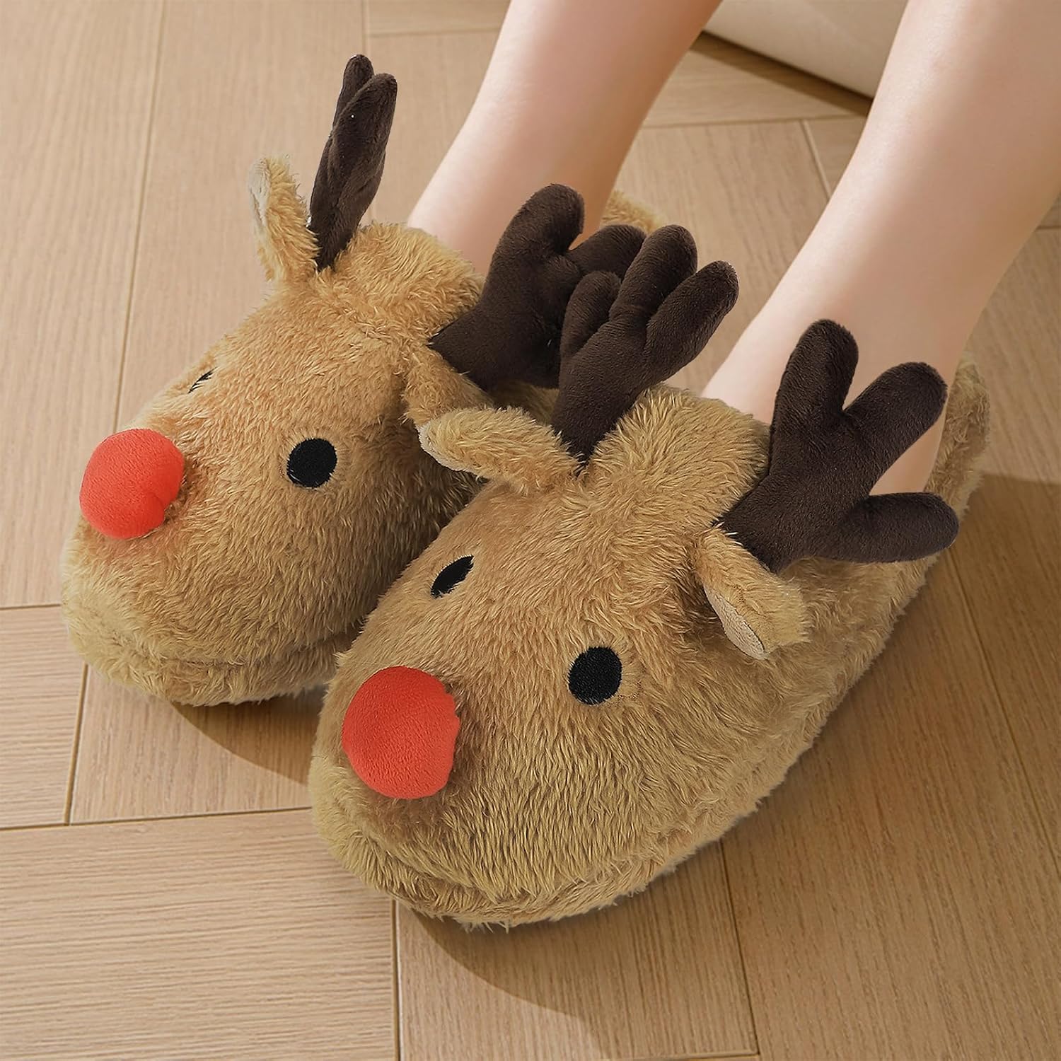 Christmas Reindeer Antler Themed Plush Fuzzy Warm Indoor Slippers For Women